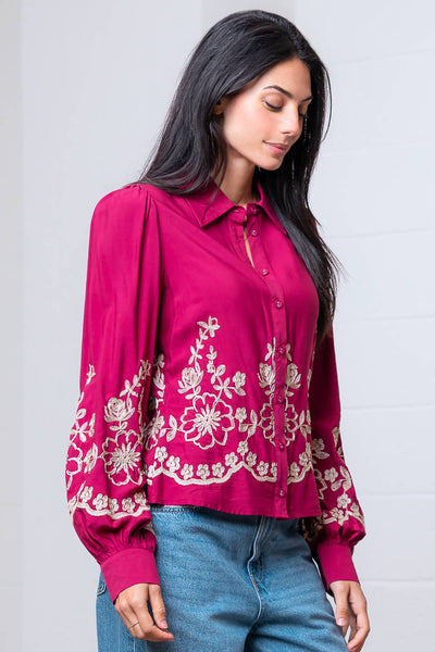 Long Sleeve Flower Embroided Button Shirt