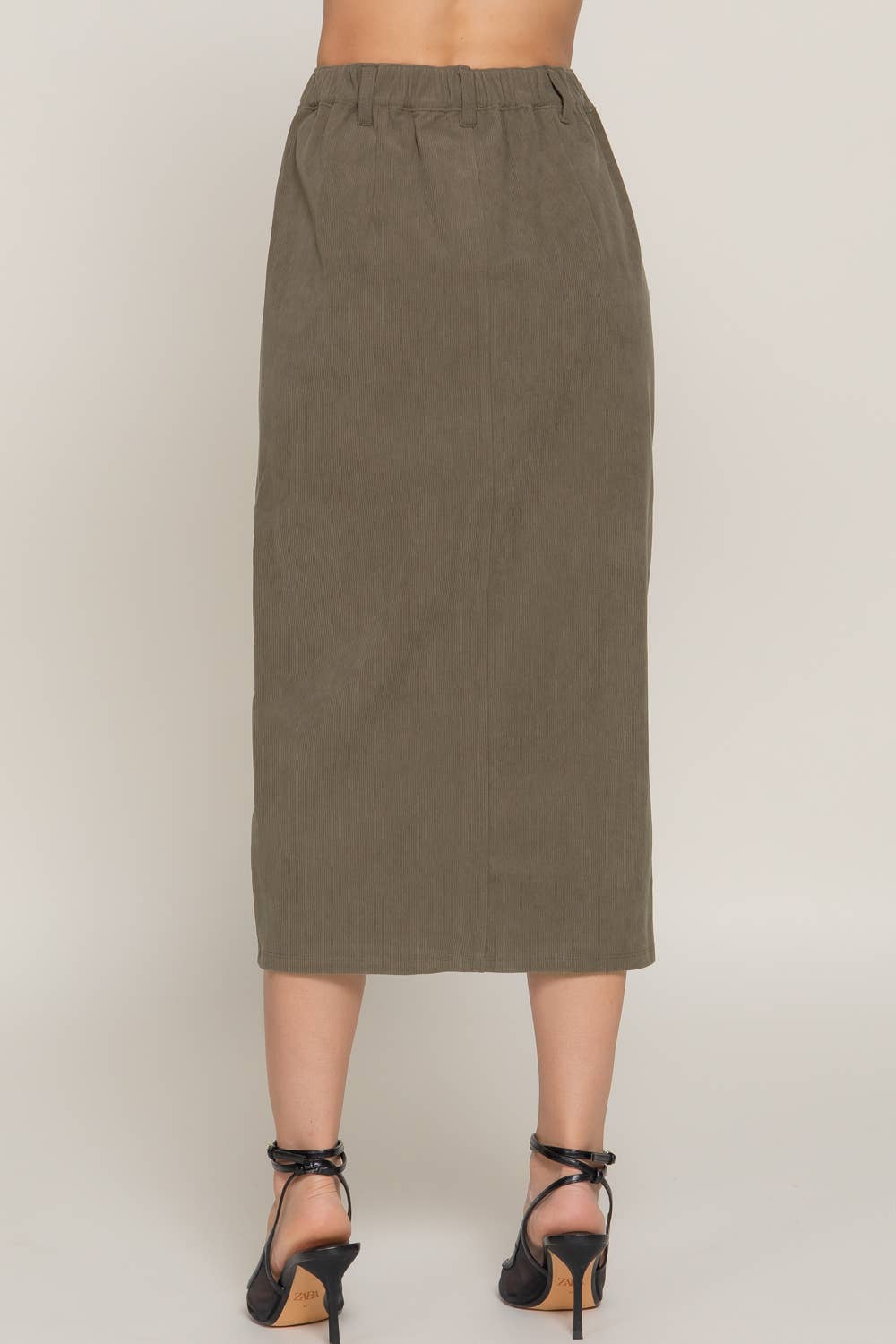 Waist Band Front Open Slit Corduroy Midi Skirt -OS