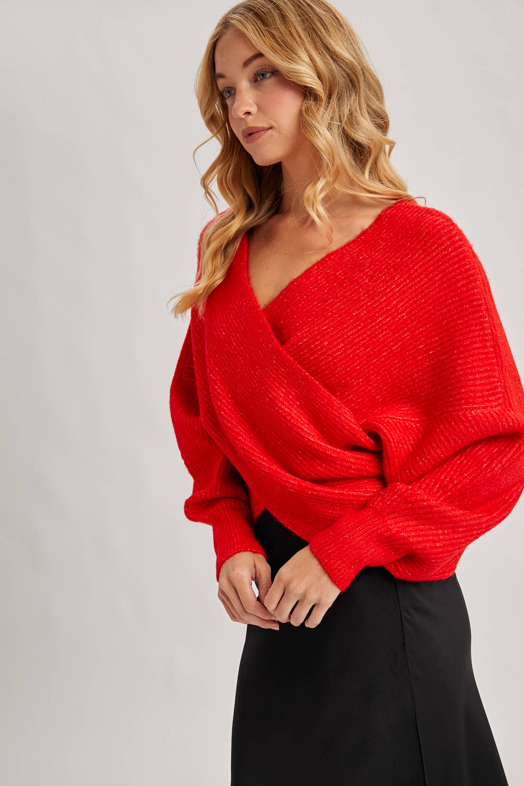 WRAP CROSSOVER RIBBED FUZZY KNIT SWEATER PULLOVER- OS