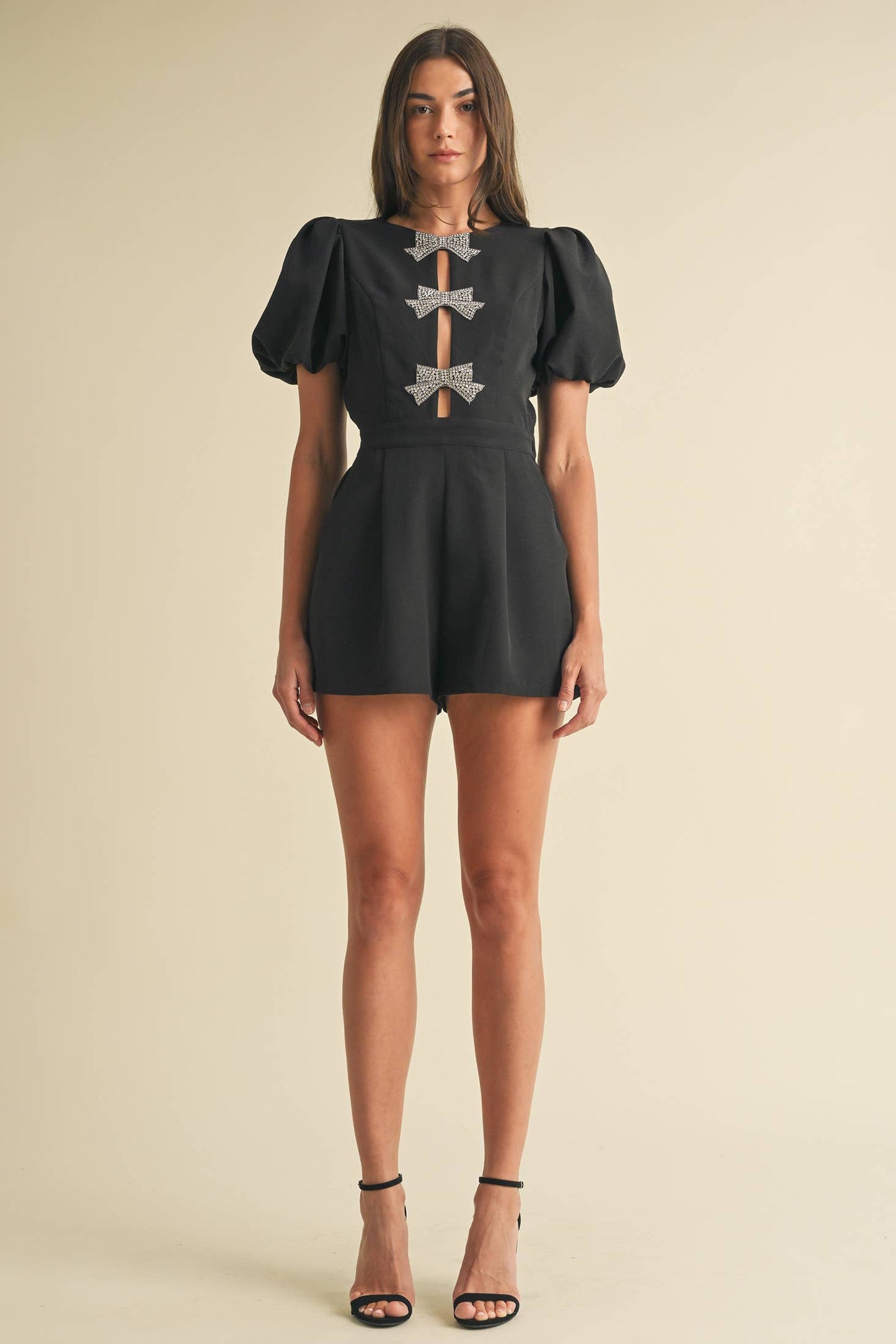 Glam Puff Sleeve Romper with Rhinestone Bow- OS