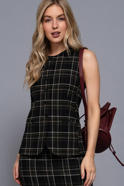 Round Neck Button Down Check Woven Vest-OS