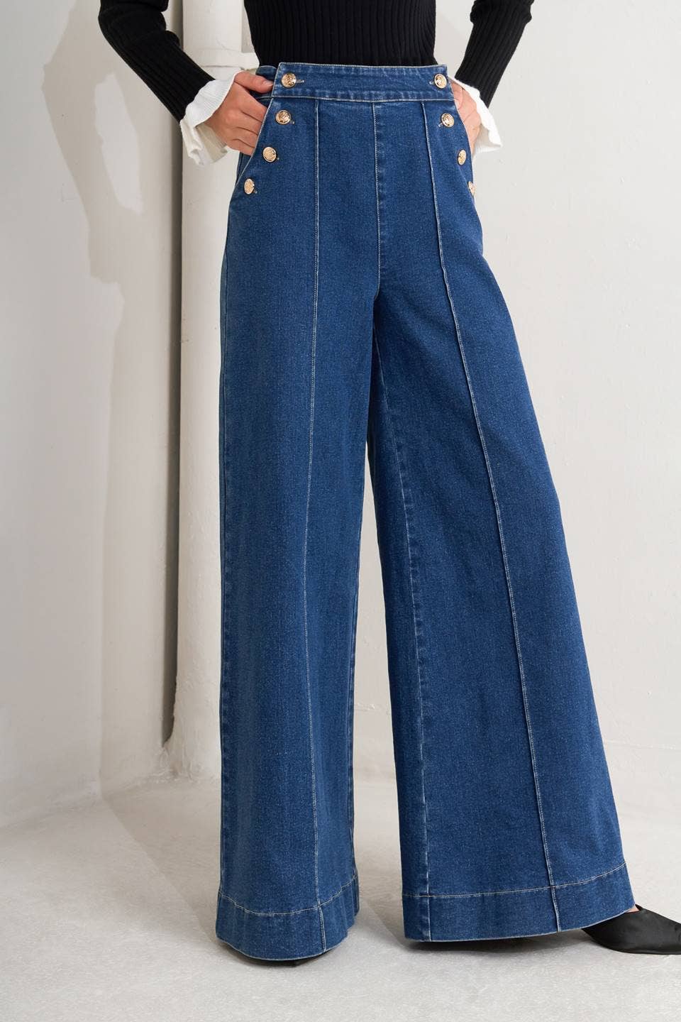 Gold Button Washed Denim Pant - OS
