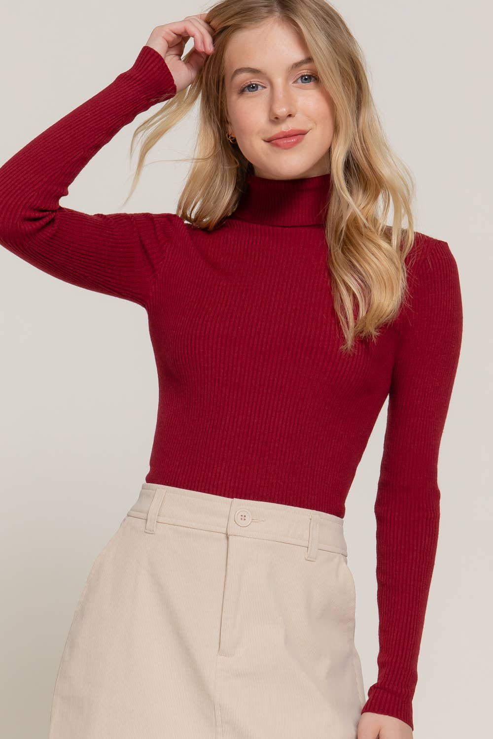 Long Sleeve Turtle Neck Fitted Viscose Rib Sweater Top- OS
