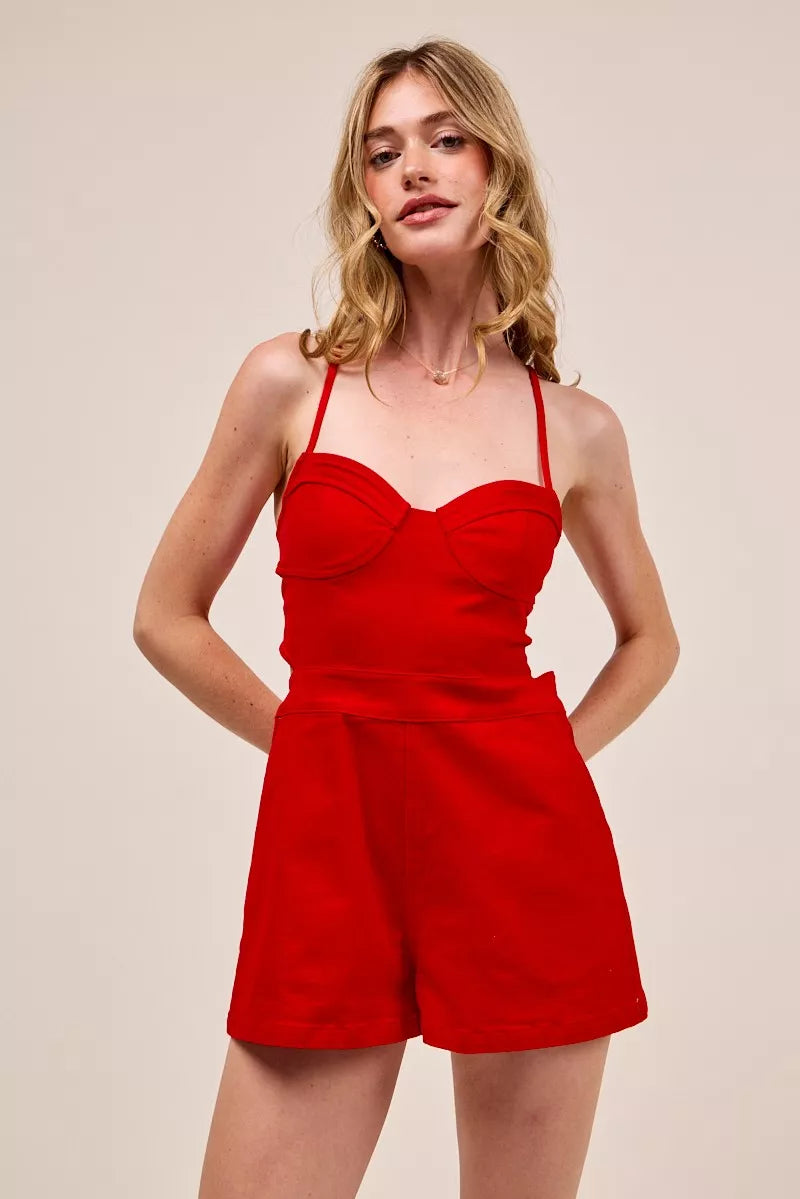 Fitted Open Back Game Day Romper with Lace Up Deta