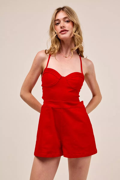 Fitted Open Back Game Day Romper with Lace Up Deta