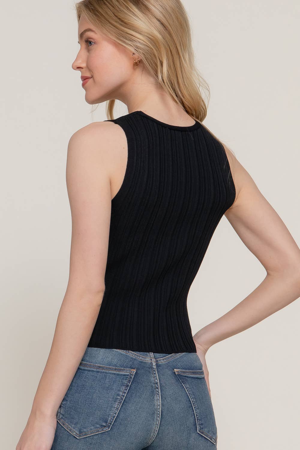 Sleeveless V-neck Variegated Rib Sweater-OS