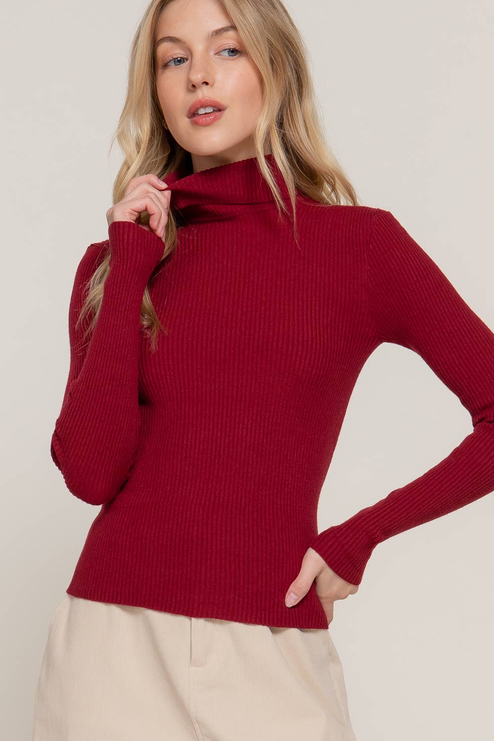 Long Sleeve Turtle Neck Fitted Viscose Rib Sweater Top- OS