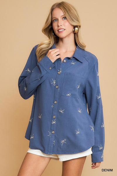 Linen Blend Fitted Shirt with Ribbon Embroidery Details