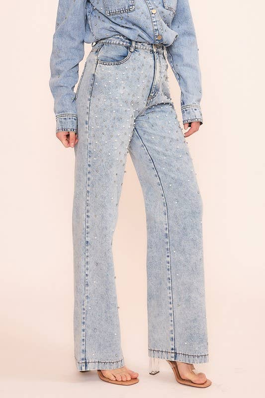 RHINESTONE AND PEARL EMBELLISHED JEAN PANT- OS