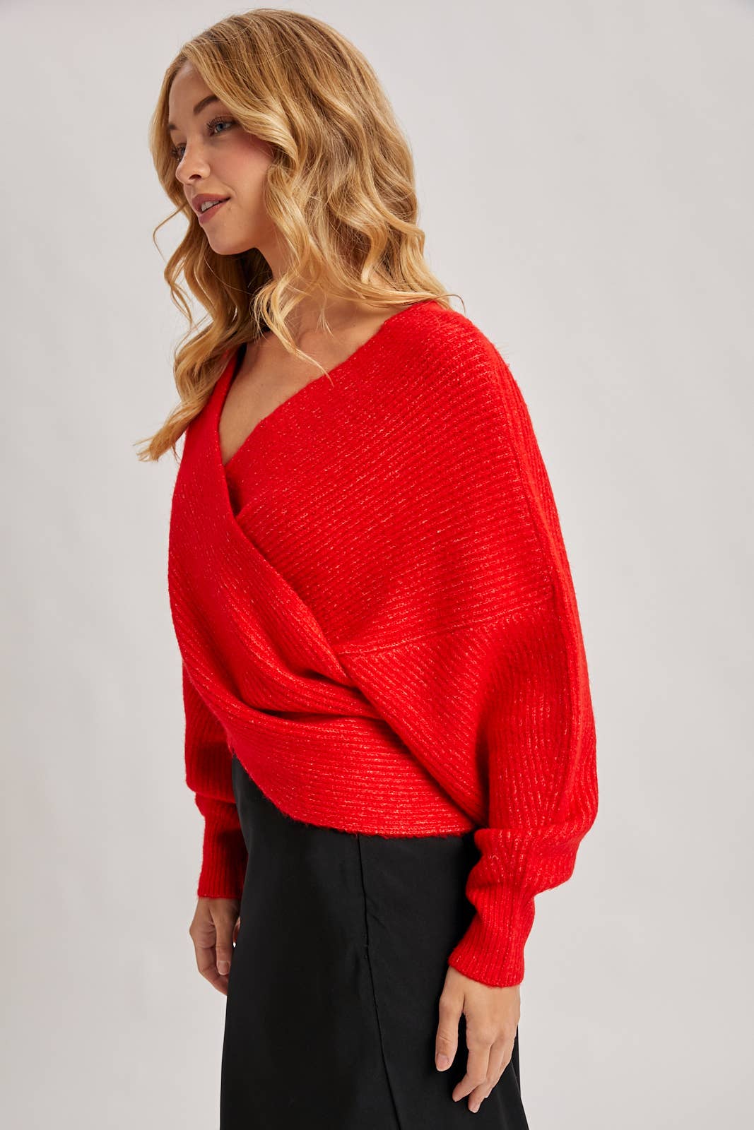 WRAP CROSSOVER RIBBED FUZZY KNIT SWEATER PULLOVER- OS