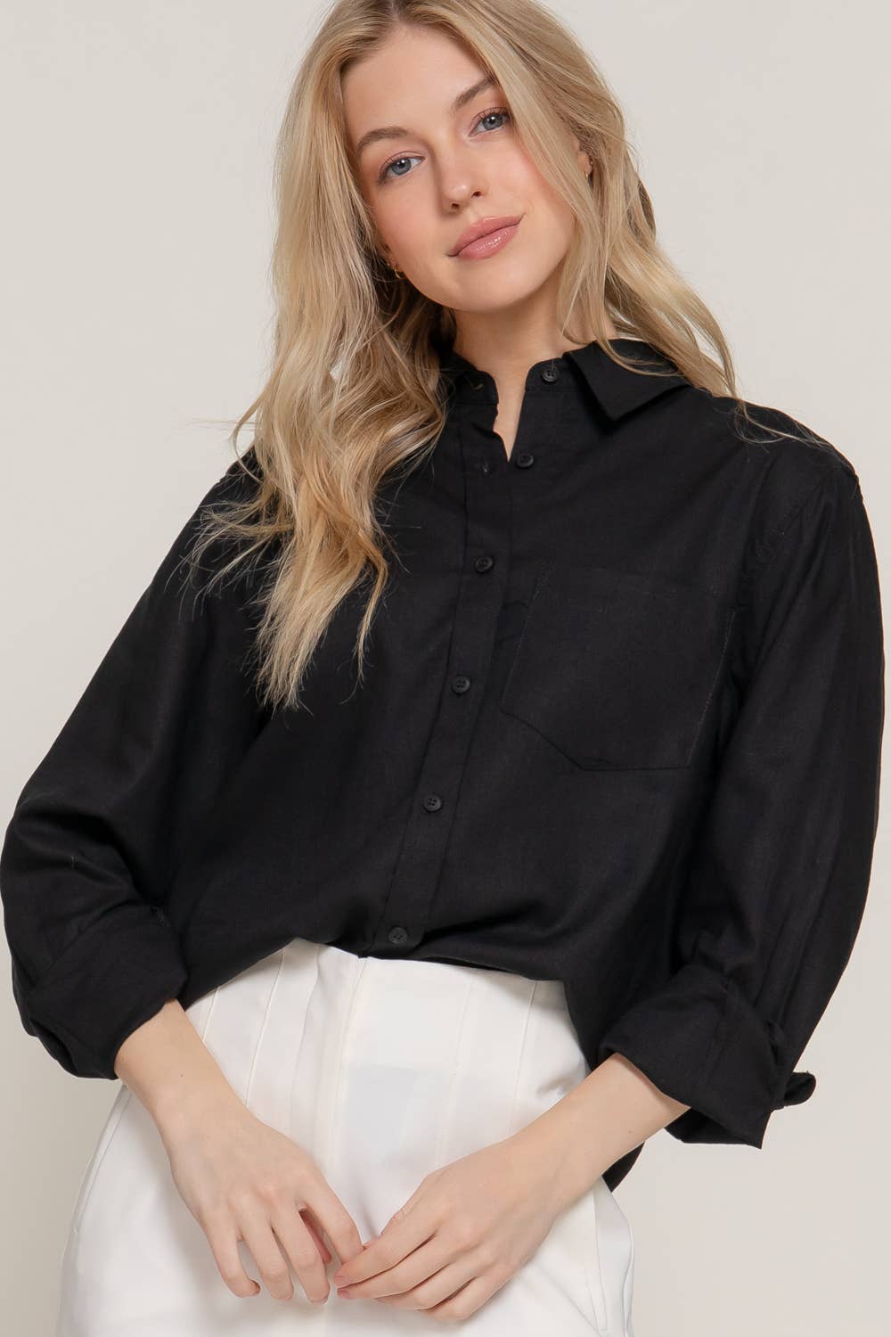 Long Sleeve Linen Blend Shirt- OS