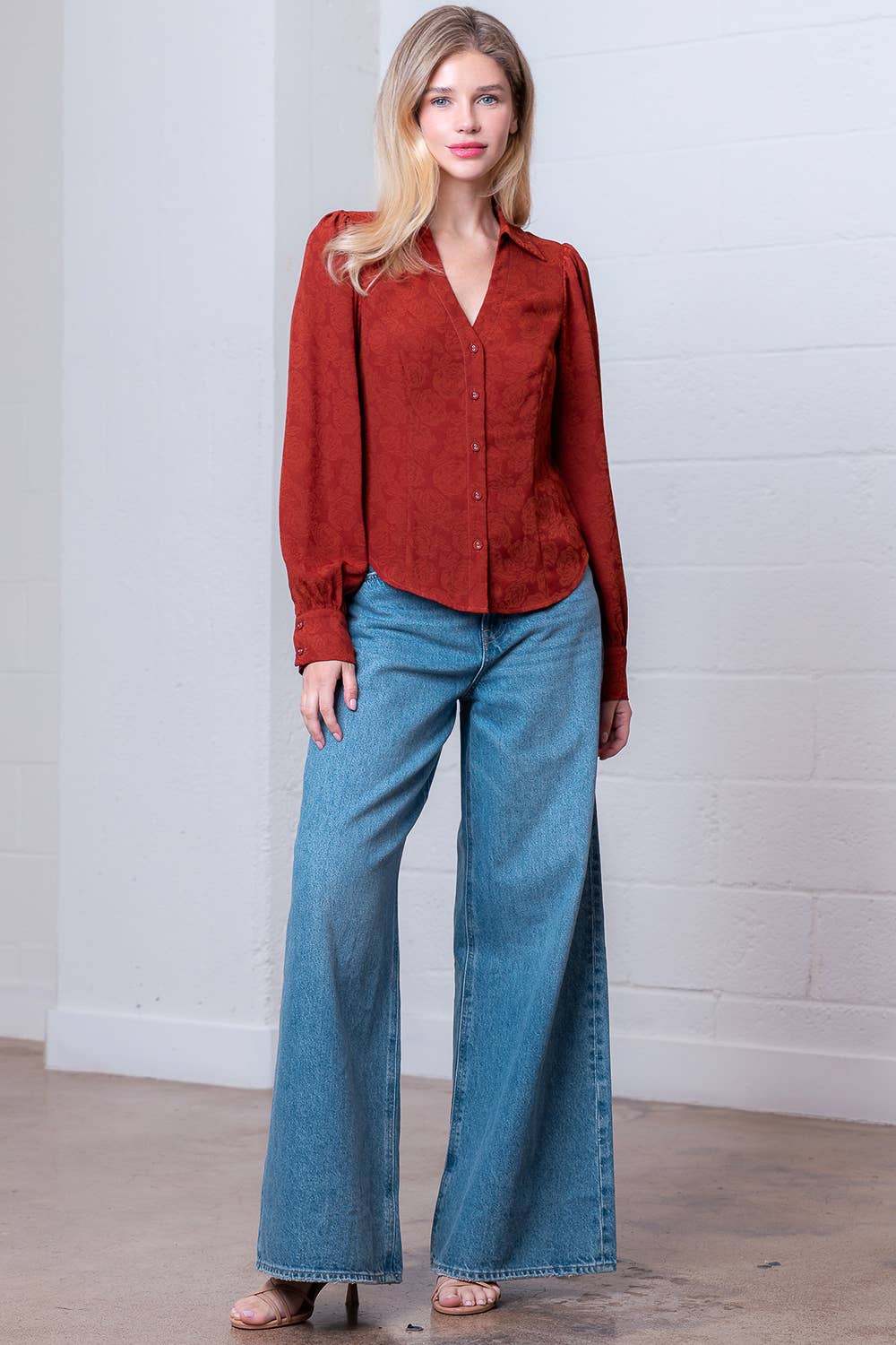 Rust Long Sleeve Button Down Collared Blouse