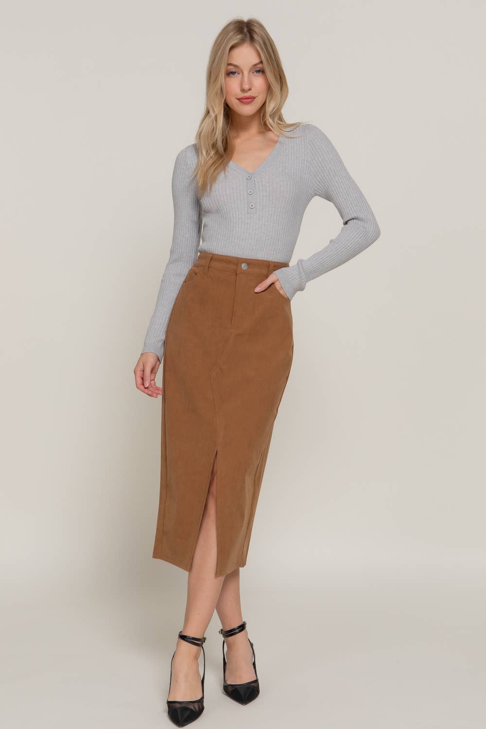 Waist Band Front Open Slit Corduroy Midi Skirt -OS