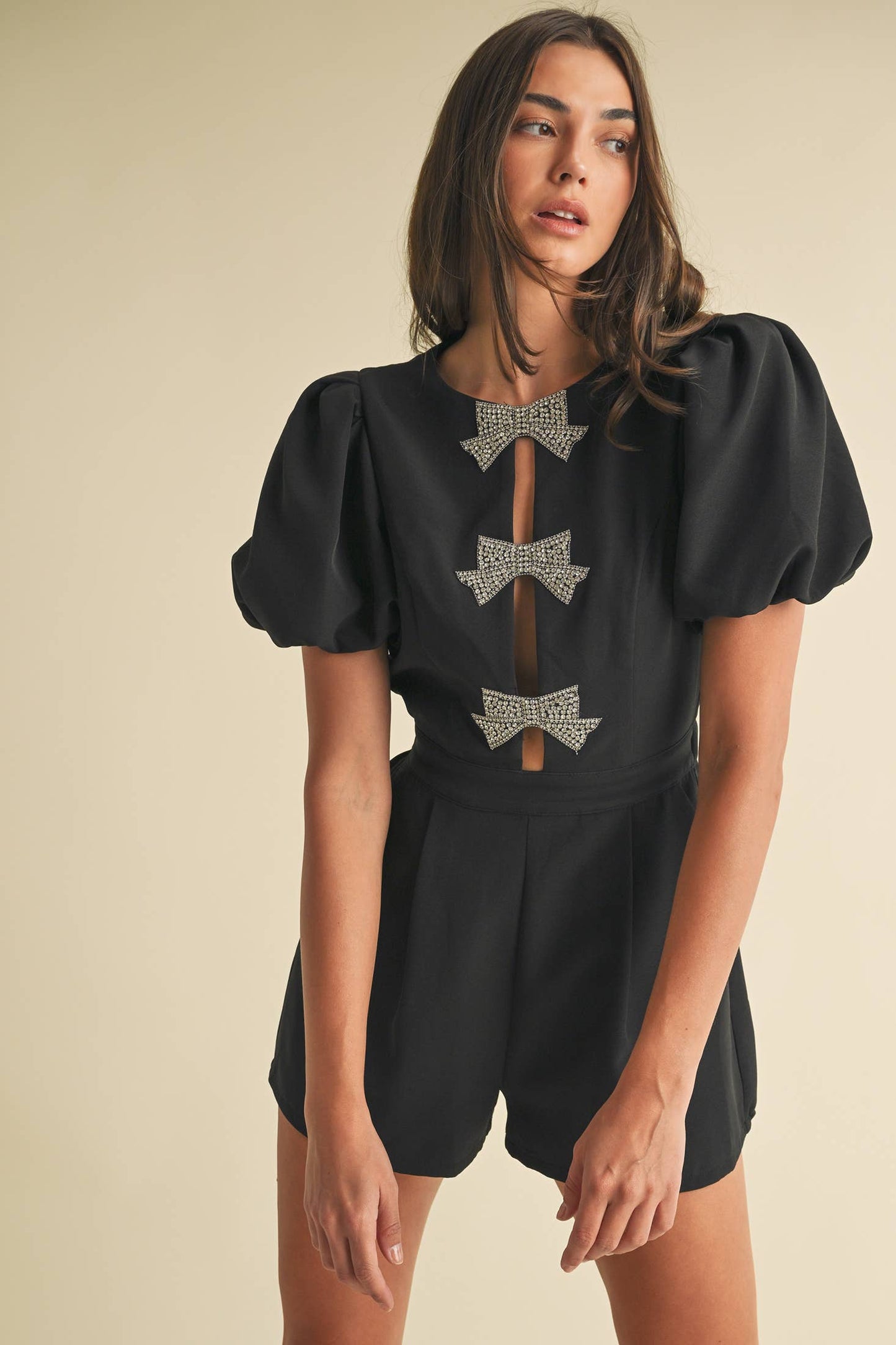 Glam Puff Sleeve Romper with Rhinestone Bow- OS