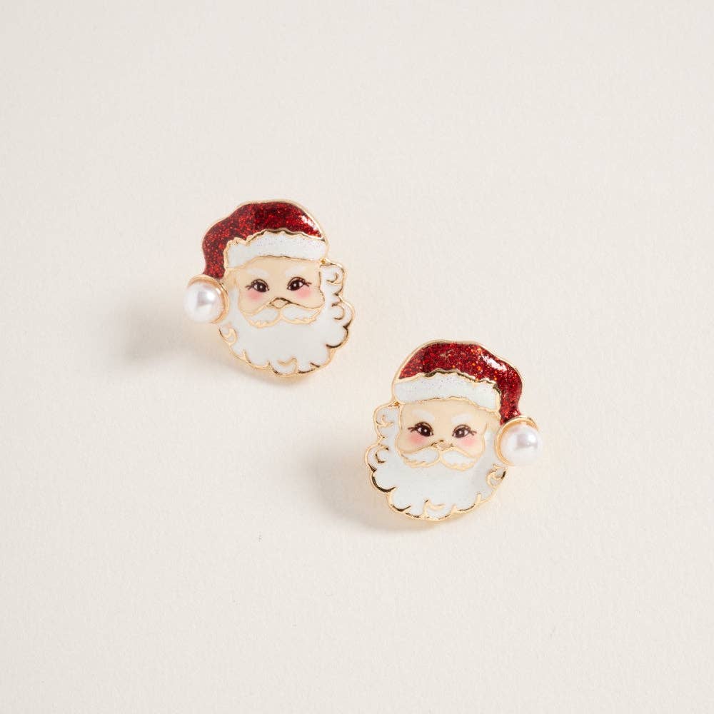 Glitter Christmas Santa Face Pearl Post Earrings- OS