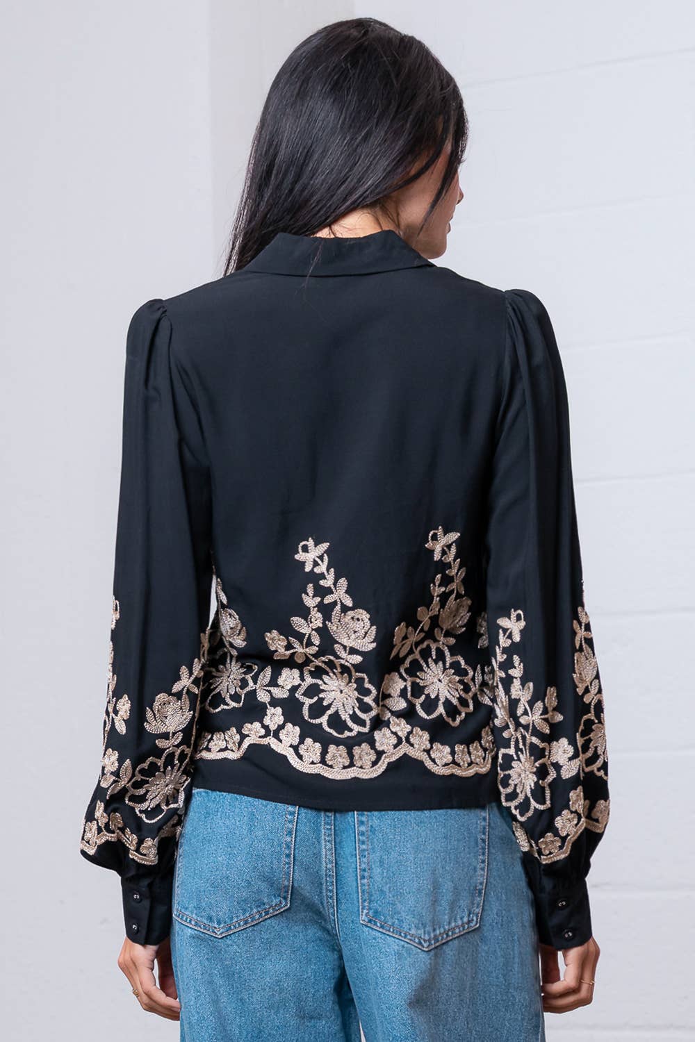 Long Sleeve Flower Embroided Button Shirt