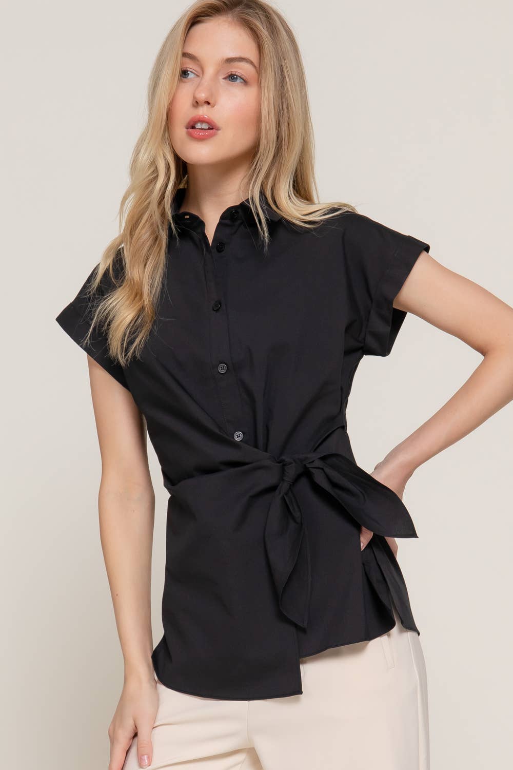 Short Dolman Sleeve Button Down Shirt-OS