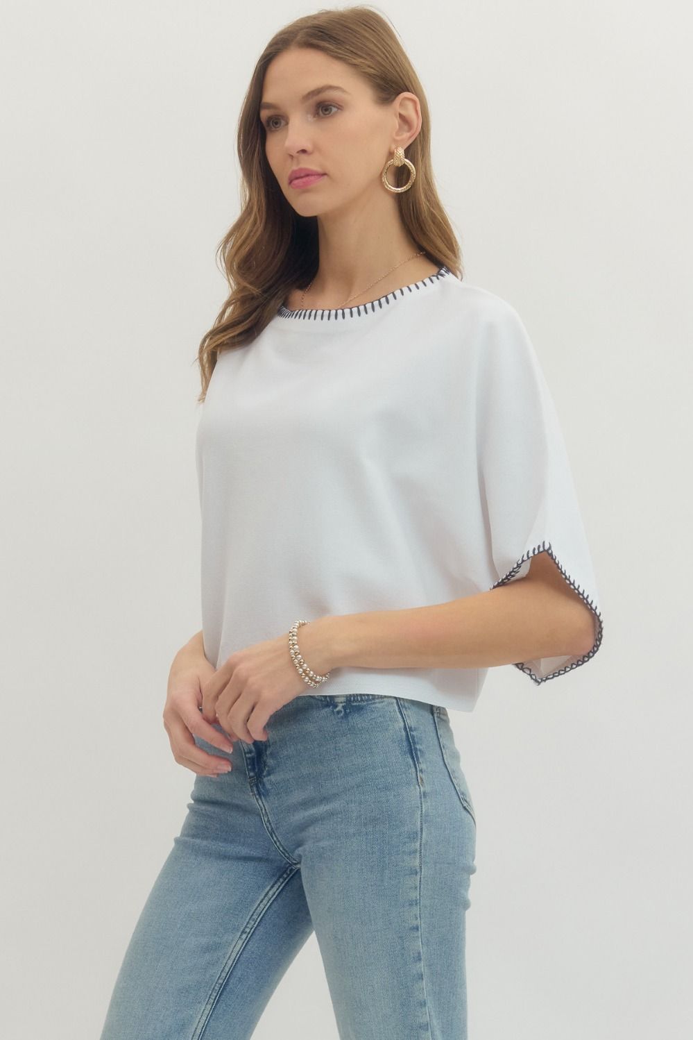 Contrast Stitch Trim Top - Off White