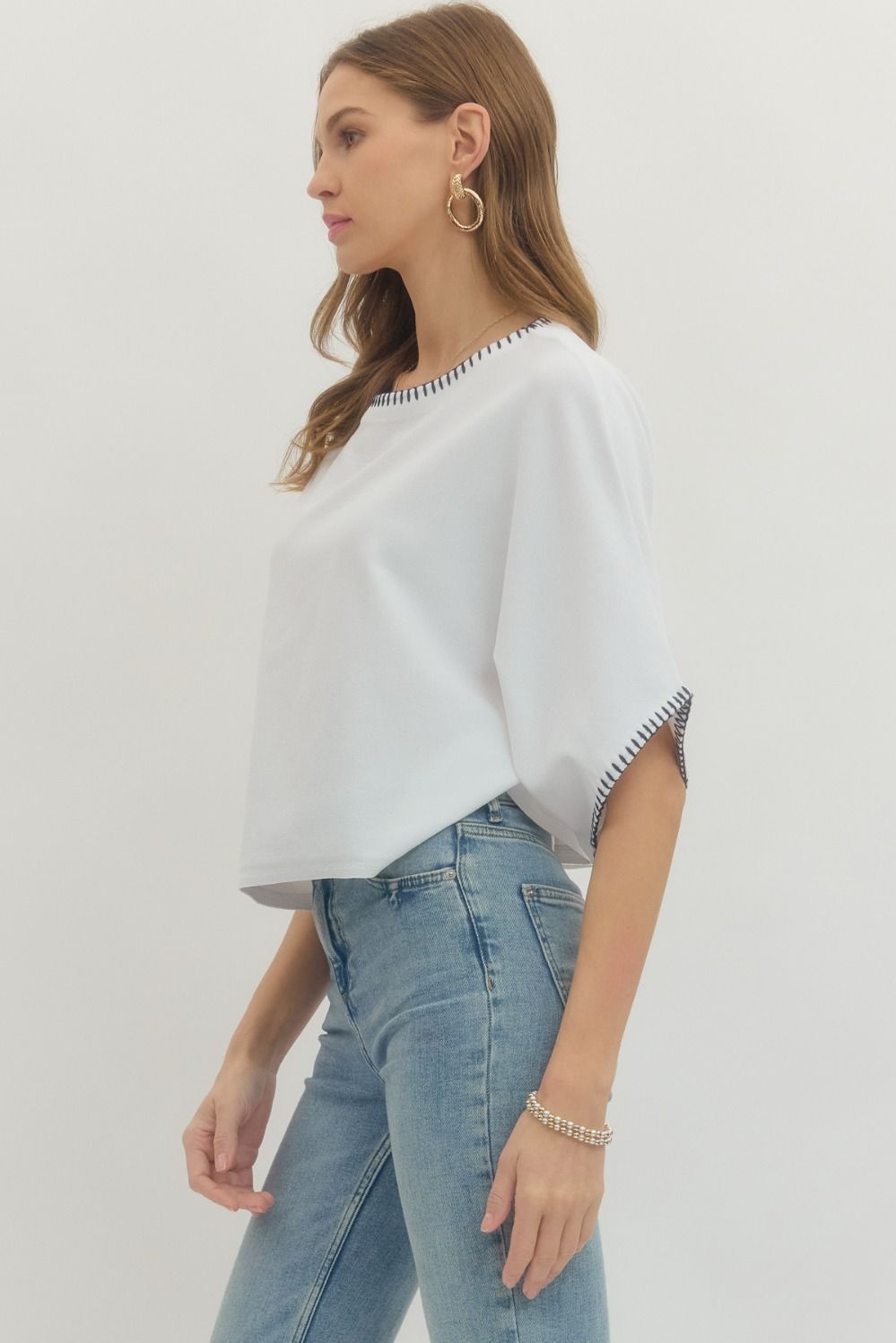 Contrast Stitch Trim Top - Off White