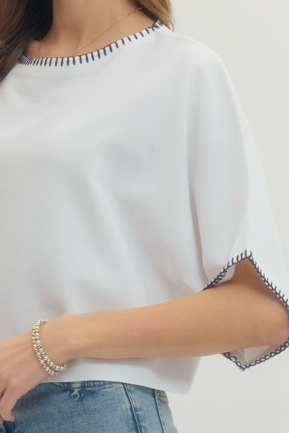 Contrast Stitch Trim Top - Off White