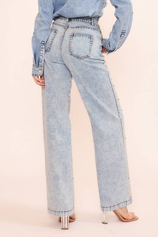 RHINESTONE AND PEARL EMBELLISHED JEAN PANT- OS