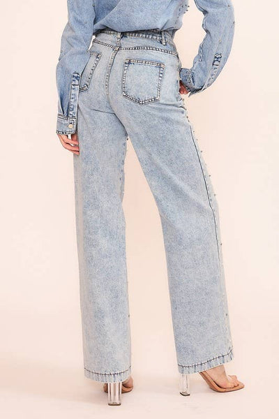 RHINESTONE AND PEARL EMBELLISHED JEAN PANT- OS