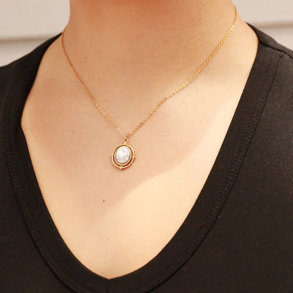 Roped Frame Oval Semi Precious Howlite Stone Charm Necklace