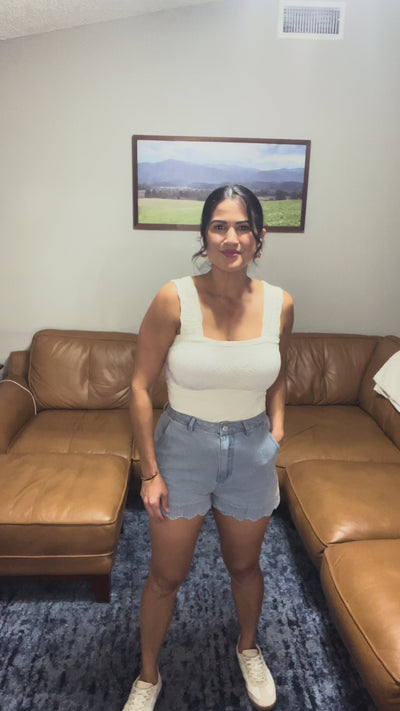 High Waisted Denim Scalloped Shorts